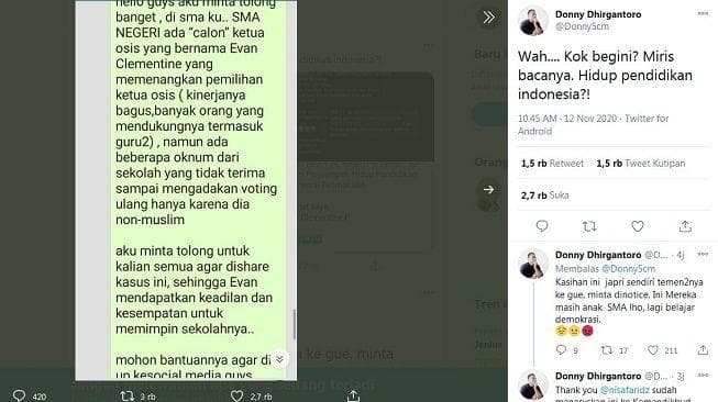 Potongan layar dari akun Twitter @donny5cm yang mengunggah bukti chat Whatsapp Evan Celementine. (Twitter)<br>