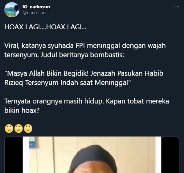 Tangkapan layar klarifikasi pria yang dianggap sebagai jenazah yang ternyata masih hidup. (Twitter/narkosun)<br>