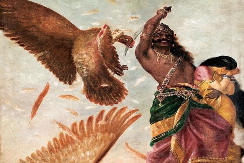 Rahwana melawan Jatayu ketika menculik Sinta. (Twitter/@HinduGL)<br>