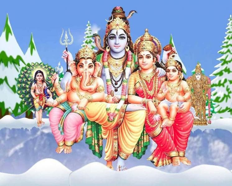 Ilustrasi Dewa Siwa bersama Parwati dan kedua anaknya, Ganesha dan Kartikeya. (Apkpure)