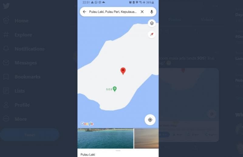 Tanda SOS muncul di Pulau Laki muncul di aplikasi Google Maps, terkait pesawat Sriwijaya Air SJ 182? (Twitter/nananaganukite)