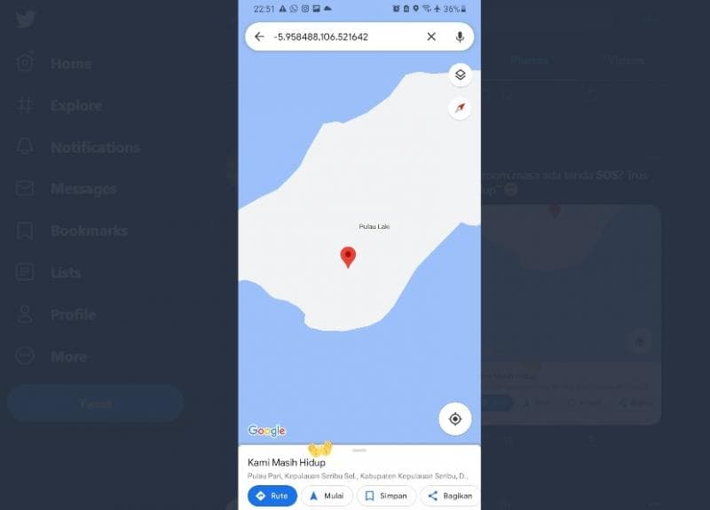 Saat tanda SOS di Pulau Laki di-klik, muncul tulisan "Kami Masih Hidup". (Twitter/nananaganukite)