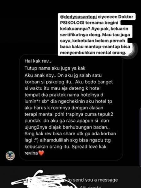 Tangkapan layar warganet yang menceritakan kasus pelecehan seksual Dedy Susanto. (Instagram/@revinavt)