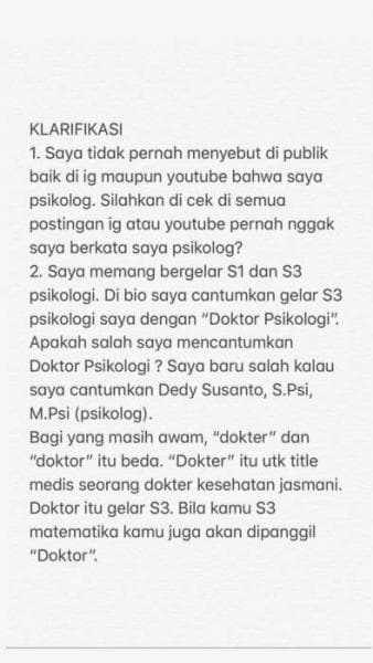 Klarifikasi Dedy Susanto (Instagram/@dedysusantopj)