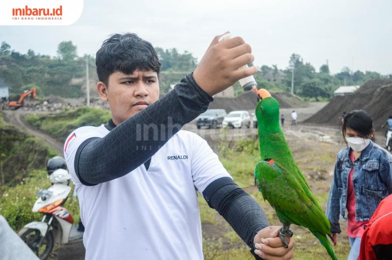 Rinaldi salah seorang anggota LPFS, sedang memberi maka burung Free Fly miliknya.&nbsp;(Inibaru.id/Kharisma Ghana Tawakal)