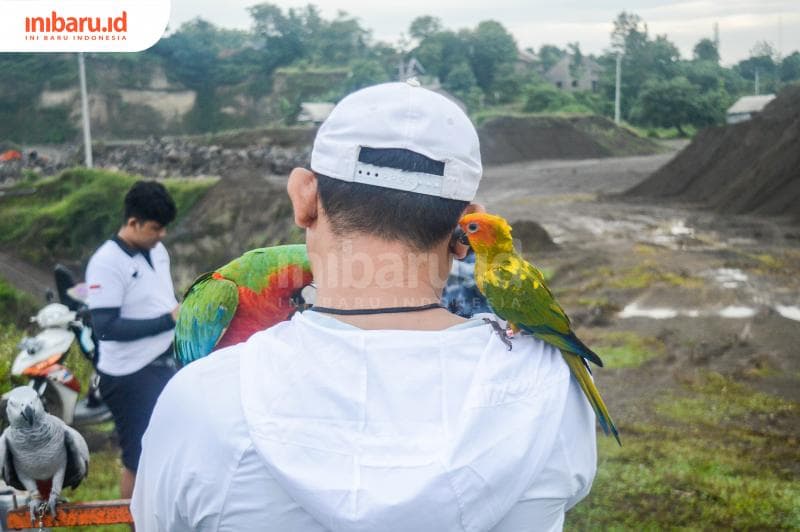 Untung, salah seorang anggota LPFS tampak dari belakang berbincang halus dengan burung peliharaaan kawannya. (Inibaru.id/ Kharisma Ghana Tawakal)