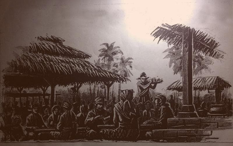 Ilustrasi anggota kerajaan yang dilayani rakyat saat acara makan di zaman Jawa Kuno. (Kekunoan)