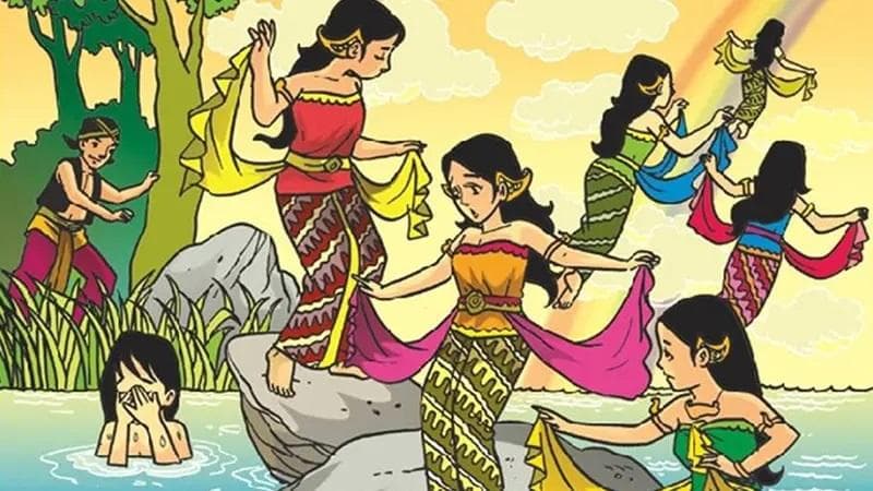 Jaka Tarub yang sedang berusaha mengambil selendang milik salah satu bidadari. (Poskata)