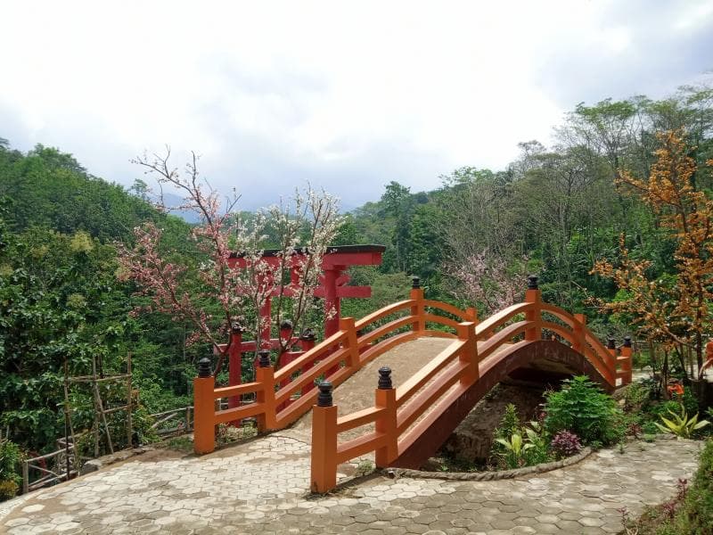 Jembatan ala Jepang, dilengkapi dengan Torii dan bunga sakura.&nbsp;(Inibaru.id/ Rafida Azzundhani)