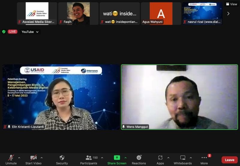 Pelatihan daring penguatan manajemen, bisnis, dan keberlanjutan media digital ini berlangsung selama delapan hari sejak tanggal 8 hingga 17 Mei 2023 dan diikuti oleh 64 media anggota AMSI dari 25 wilayah. (Dokumentasi AMSI)