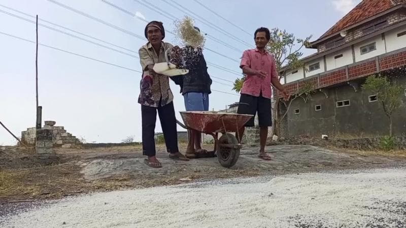 Petani garam di Rembang membuang garam ke jalanan karena frustrasi dengan harga garam yang terus anjlok. (Tvonenews/Abdul Rohim)