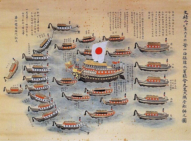 The fleet of Kuki Yoshitaka in 1593 menunjukkan Bendera Jepang yang merupakan simbol matahari sudah dipakai berabad-abad lalu. (Wikipedia/Kukishin Ryu Bujutsu Sosho Japanese Self-Defence First Book - Bojutsu (written by Kiba Koshiro)