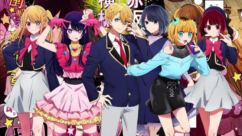 Karakter utama dalam 'Oshi no Ko' (kiri ke kanan): Ruby,&nbsp;Ai Hoshino, Aqua, Akane Kurokawa, Memcho, dan Arima. (Fictionhorizon)