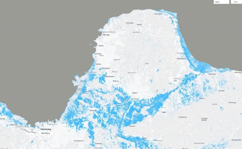 Proyeksi estimasi luasnya banjir Pantura yang mirip dengan Selat Muria. (Twitter/@encepdenis)