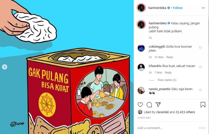 Ketika warganer bikin plesetan produk jadi imbauan untuk nggak pulang. (Instagram/harimerdeka)