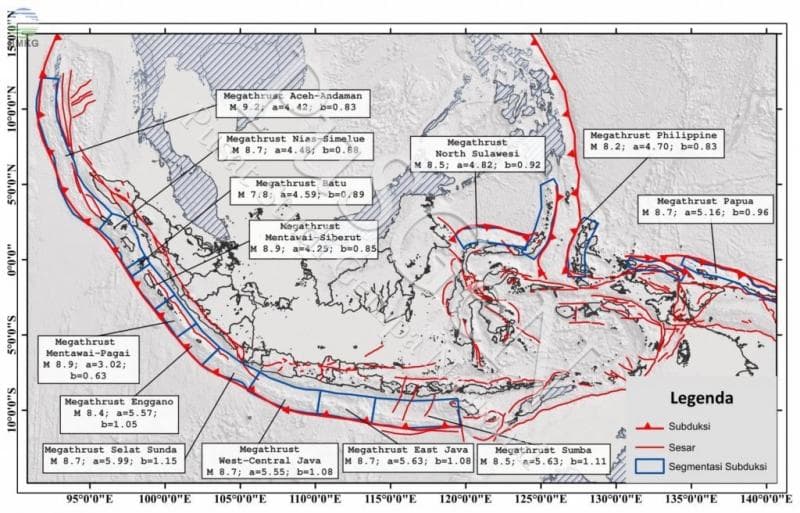 Peta zona megathrust di Indonesia dan potensi maksimal gempa yang bisa diciptakan. (BMKG)