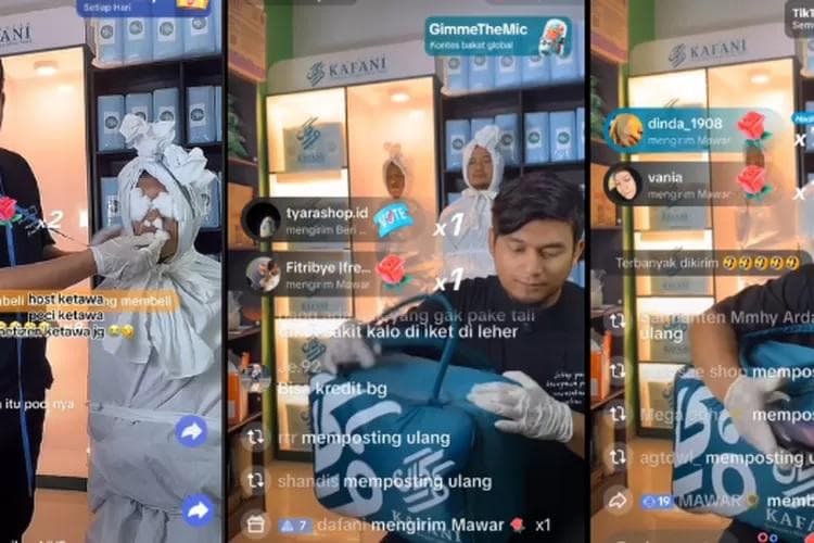 Yoka Brahma Putra viral setelah aksinya berjualan kain kafan di live Tiktok. (Tiktok)