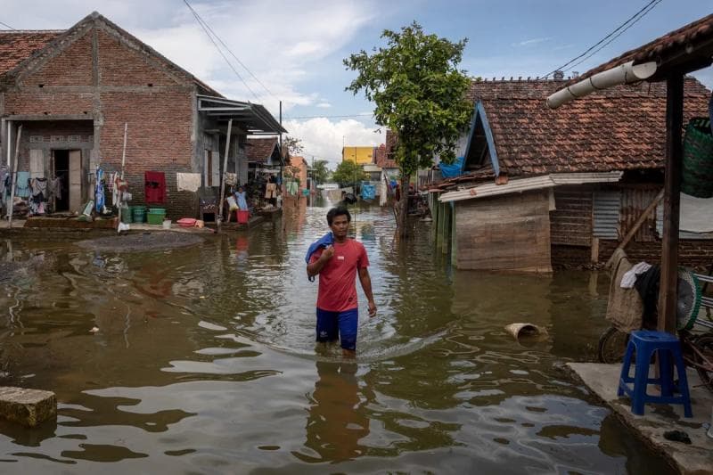 Banyak warga nggak bisa beraktivitas gara-gara banjir di Desa Batu, Demak. (Mediaindonesia/Antara/Aji Styawan)