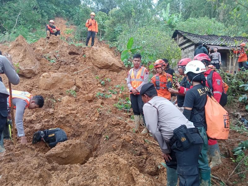 Petugas gabungan tengah melakukan pencarian korban dengan menggunakan K-9 atau anjing pelacak yang dibawa kepolisian. (Humas Polda Jateng)