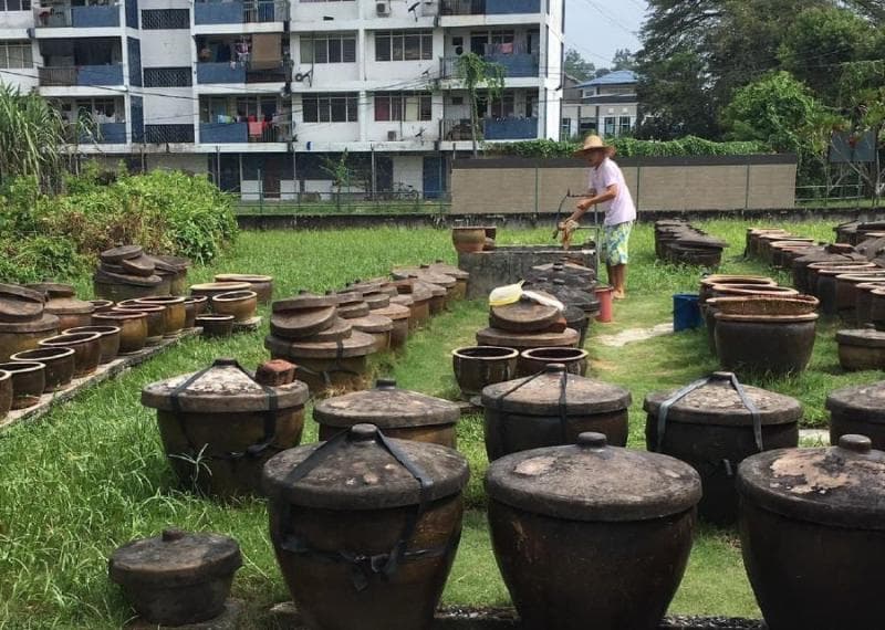 Pot-pot besar di halaman pabrik ini menjadi kunci dari rasa autentik kecap Hup Teck. (Facebook/Hup Teck via NST)&nbsp;