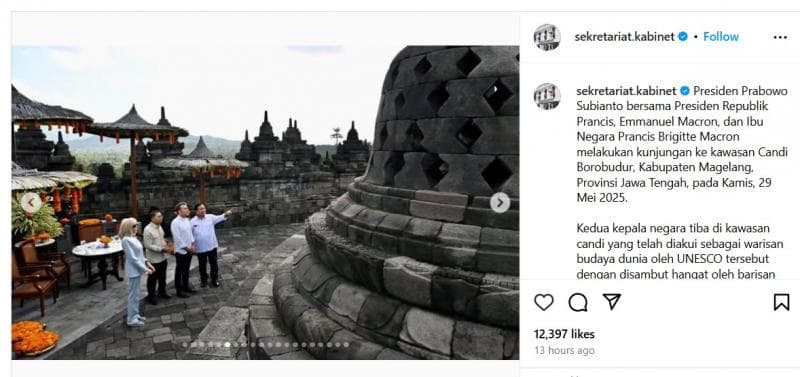 Kunjungan Presiden Prancis Emmanuel Macron di Candi Borobudur. (IG/Sekretariat Kabinet)