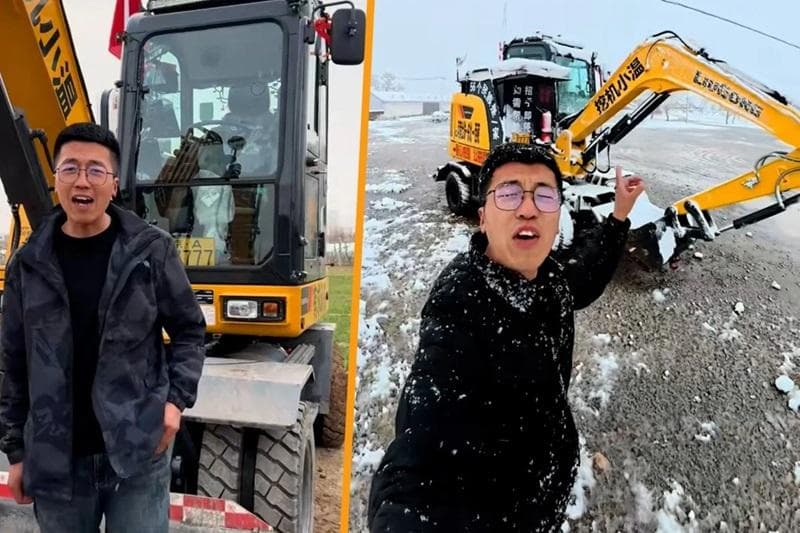 Wen Xiangpu saat berkeliling Tiongkok dengan excavator. (SCMP/Douyin - Wen Xiangpu)