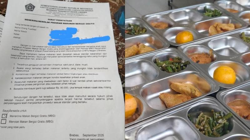 Heboh surat pernyataan nggak akan menuntut jika terjadi keracunan makanan MBG yang dibagikan di MTsN 2 Brebes. (Tribunnews)
