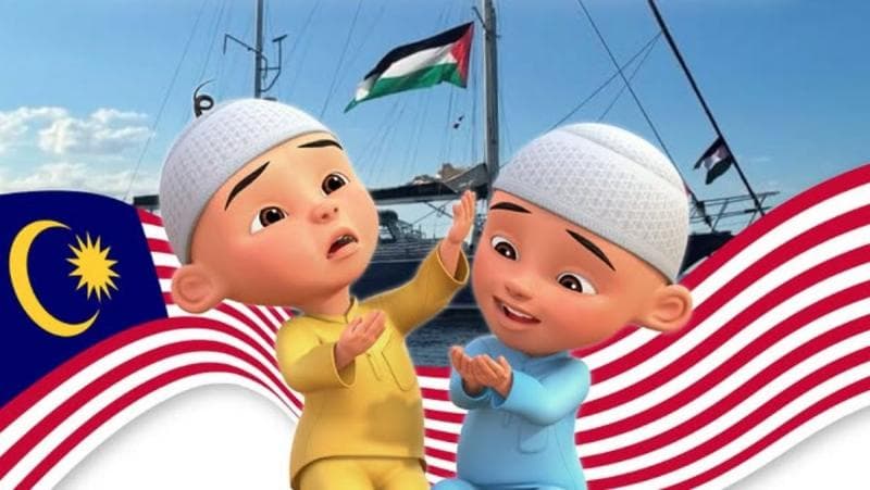 Upin dan Ipin mendoakan keselamatan aktivis Global Sumud Flotilla yang tengah ditahan militer Israel. (Les' Copaque Production)