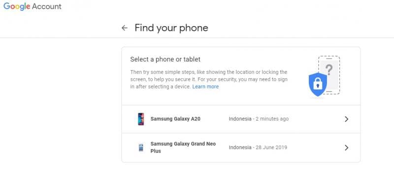 Mengecek "Find Your Phone" lewat akun Google. (Tangkapan layar Google Account)