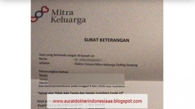 Surat keterangan bebas Covid-19 berkop RS Mitra Keluarga. (Twitter/@dokterpodcast)