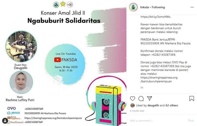 Konser Amal Jilid II Ngabuburit Solidaritas oleh FNKSDA, FIP, dan FBLP. (Instagram/@fnksda)<br>