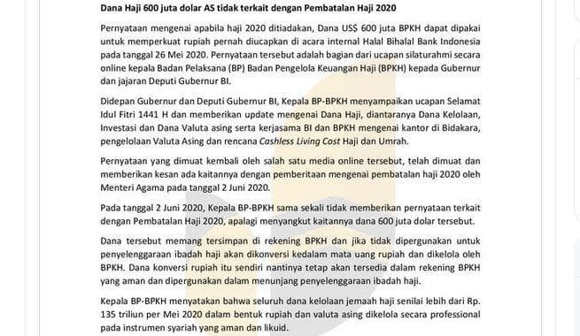 Isi dari pernyataan BPKH terkait dengan penggunaan dana haji sebanyak 600 juta Dolar AS. (BPKH)<br>