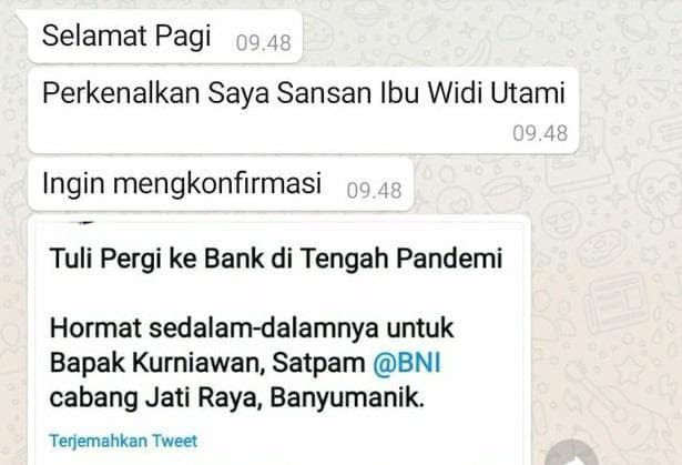 Widi Utami saat dihubungi pihak bank. (Twitter/@MustikaUngu)