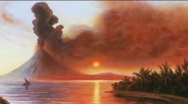 Ilustrasi letusan Gunung Tambora yang menyebabkan perubahan iklim ekstrem. (Youtube)