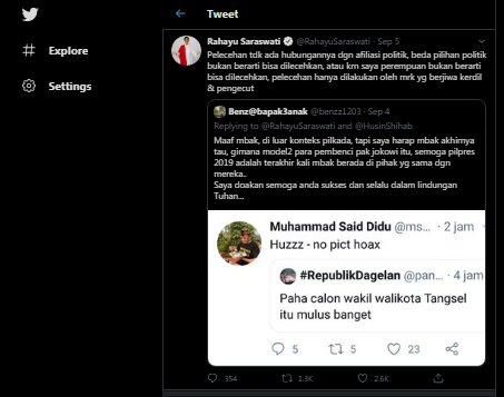 Tanggapan Sara di Twitter. (Twitter/RahayuSaraswati)