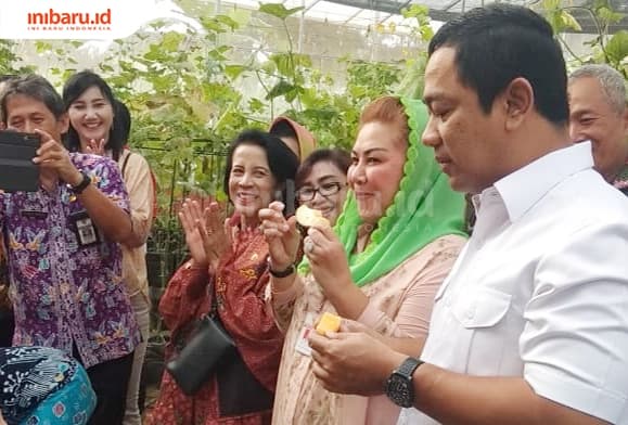 Wali Kota Semarang Hendrar Prihadi bersama Wakil Wali Kota Hevearita Gunaryanti Rahayu mencicipi melon basket yang dipanen di Agro Purwosari, Jumat (8/3/2019). (Edi Gunawan)