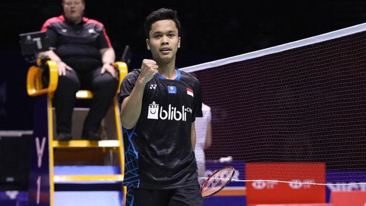 Ekspresi kemenangan Anthony Ginting usai mengakhiri perlawanan Kento Momota pada final China Open 2018. (Tempo.co)