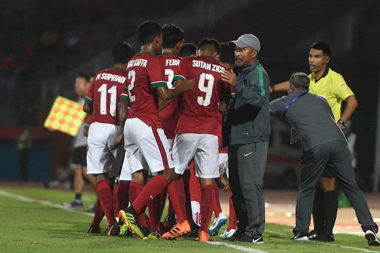 Perayaan gol timnas Indonesia atas Filipina di Stadion Gelora Delta Sidoarjo, Sidoarjo, Jawa Timur pada Minggu (29/7/2018). (Antara Foto/Zabur Karuru)