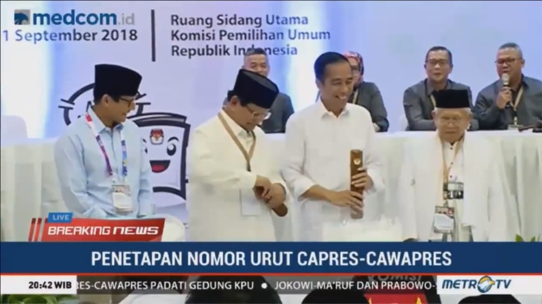 Pengundian nomor urut Capres-Cawapres pada Pilpres 2019. (Youtube.com/metrotvnews)