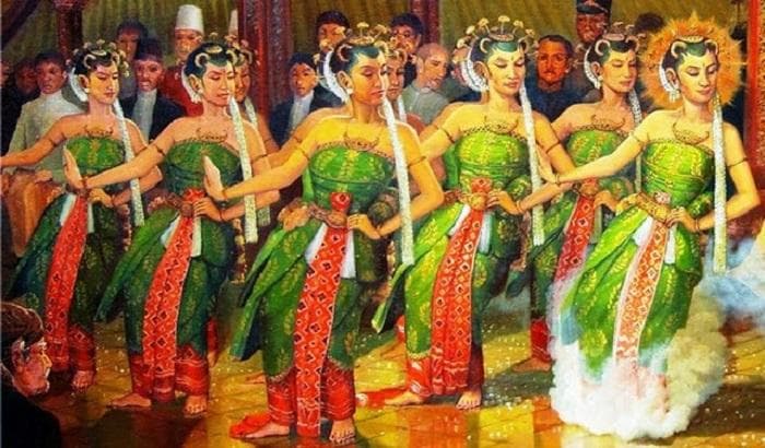 Lukisan 9 penari Bedhaya Ketawang yang salah seorangnya Kanjeng Ratu Kidul karya S Pandji (2006). (Nusantara News)&nbsp;