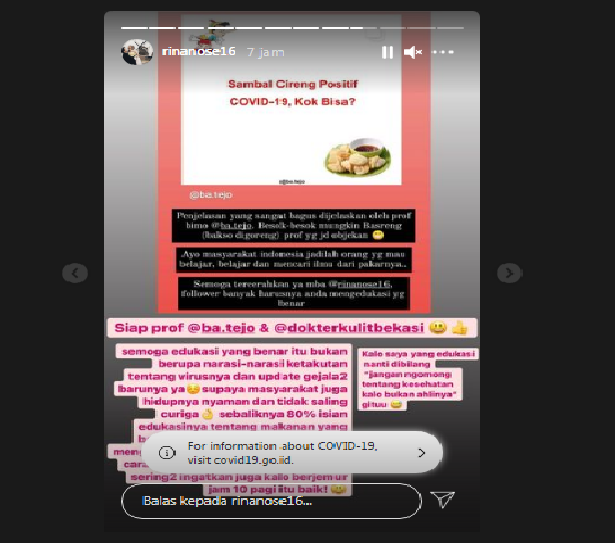 Reaksi Rina Nose terhadap penjelasan Bimo. (Instagram.com/rinanose16)