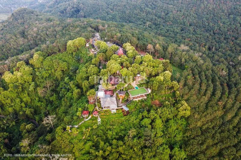 Lokawisata Goang Rong View dari ketinggian, diapit oleh pohon-pohon karet dan kopi.<br>