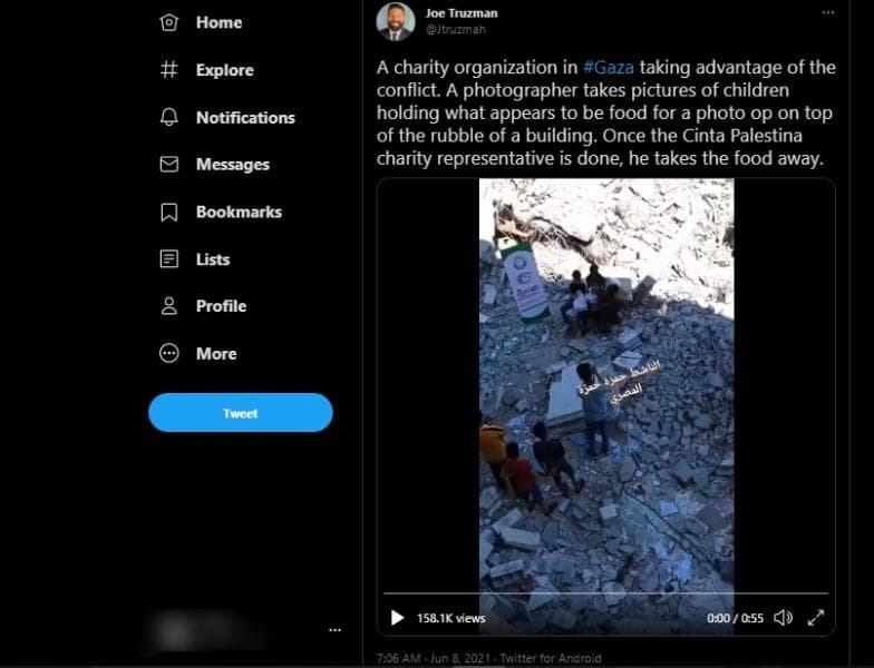 Potongan video dengan tuduhan kalau bantuan Indonesia ke Gaza nggak sampai sasaran. (Twitter/JTruzmah)