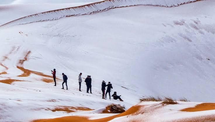 Salju di Gurun Sahara. (Twitter/desert____lion - Karim Bouchetata)