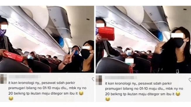 Tangkapan layar dari video viral penumpang pesawat ribut karena ada yang menyerobot antrean. (Instagram/majeliskopi08 via Suara)