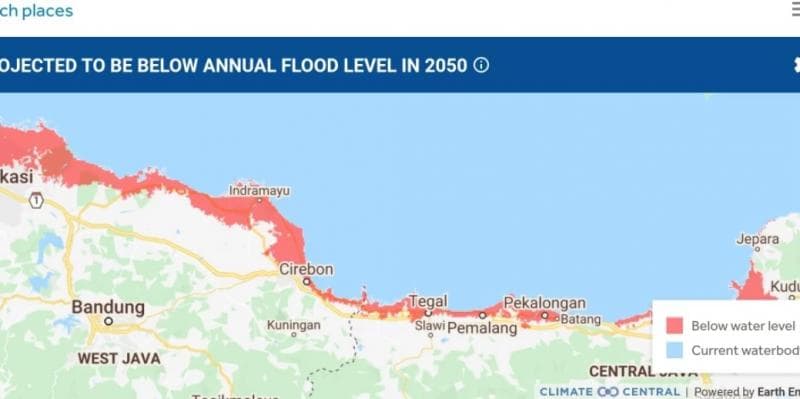 Sejumlah wilayah di Pantura yang diprediksi tenggelam di masa depan. (Climate Central)
