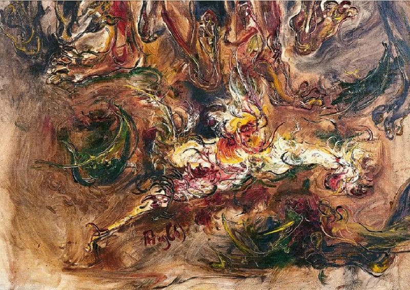 <i>Salah satu lukisan abstrak karya Affandi berjudul "Cockfight". (Lelang Lukisan Maestro)</i>