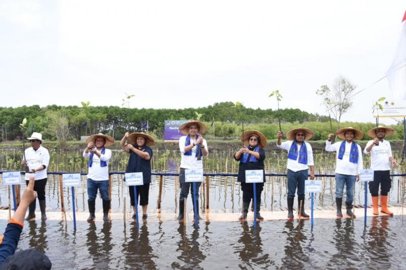 Turut serta dalam penanaman mangrove di Pantai Tirang Semarang, Wakil Ketua MPR RI Lestari Moerdijat, Menteri LHK Siti Nurbaya Bakar, dan Ketua Garda Pemuda NasDem Prananda Surya Paloh. (NasDem Jateng)