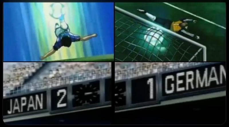 Timnas Jepang di anime Captain Tsubasa juga menang atas Jerman dengan skor 2-1. (Twitter/diekarasu)
