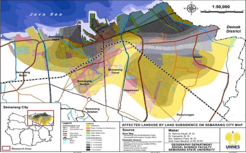 Peta geologi Kota Semarang yang menunjukkan keparahan penurunan muka tanah. (Kampusnesia)